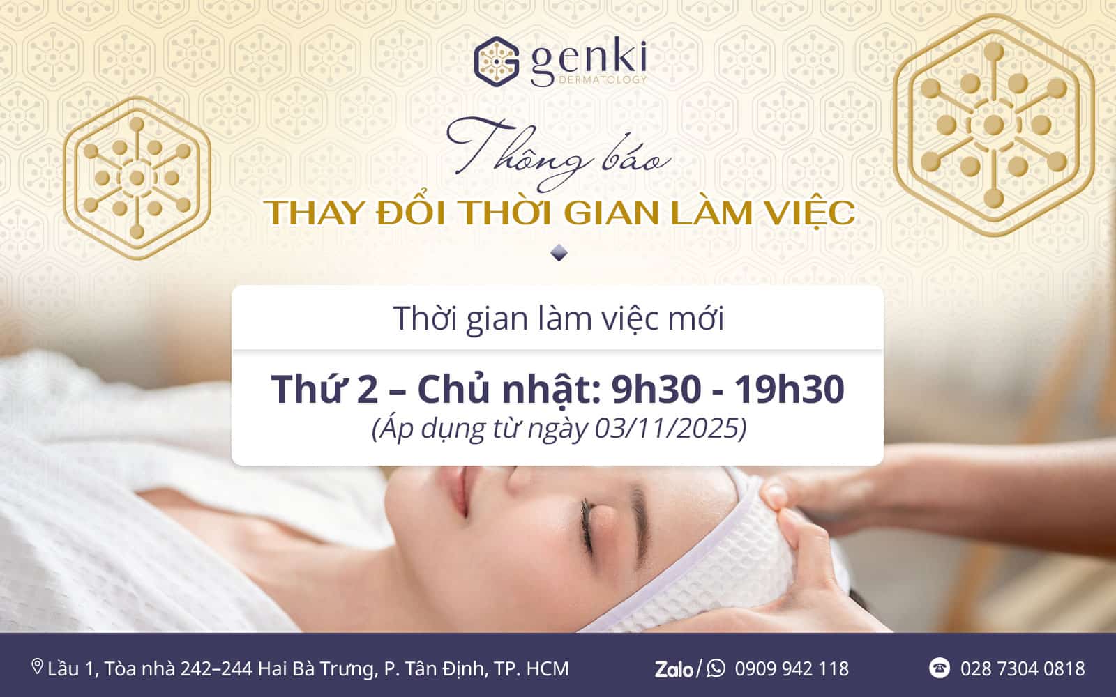 THÔNG BÁO THAY ĐỔI THỜI GIAN LÀM VIỆC – GENKI DERMA